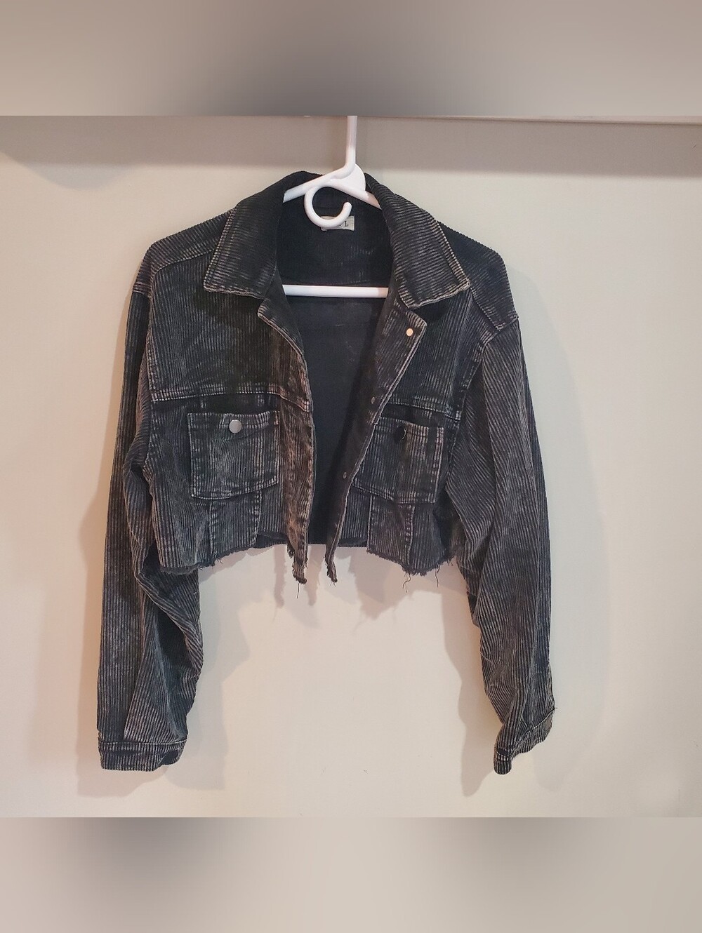 POL Frayed Hem Black Washed Corduroy Crop Jacket Size M